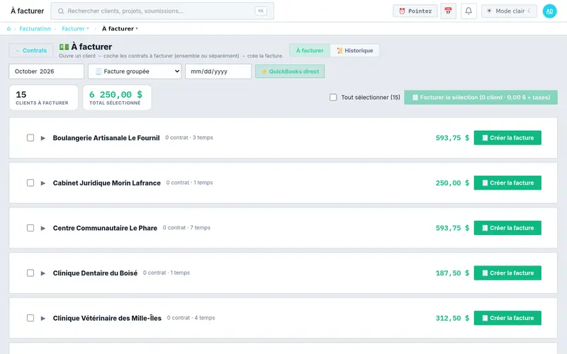 Écran À facturer : clients à facturer pour le mois, montant par client et facturation de la sélection dans QuickBooks