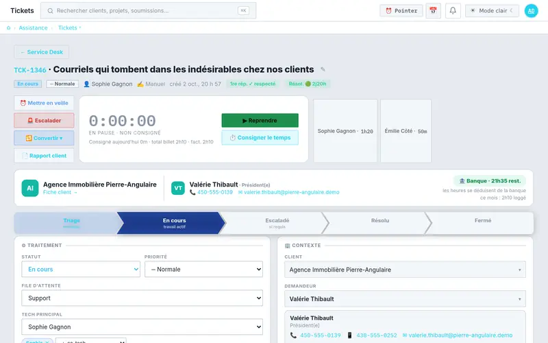 Fiche d'un billet : chrono, client, demandeur, banque d'heures restante et étapes du traitement
